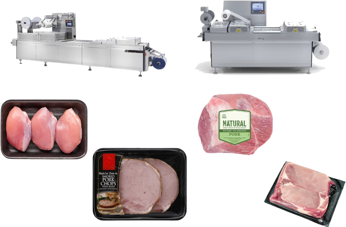 Two thermoformer packaging machines above a range of finished retail packs: tray-packed chicken breasts, smoked pork chops, a vacuum-sealed pork loin and bone-in chops